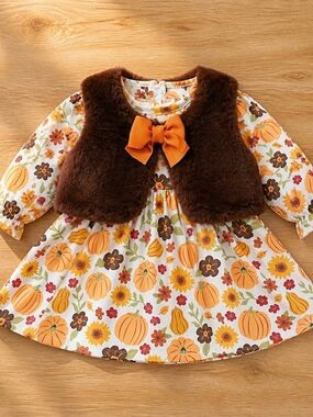 Baby Starters Orange & Brown Pumpkin Floral Dress with Faux Fur Vest Sz 9 Months